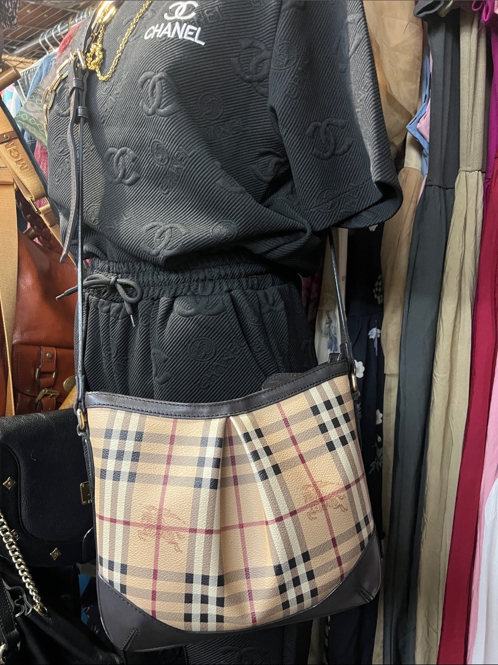 Burberry Tan Check Crossbody with Black Trim and Red Stripe
